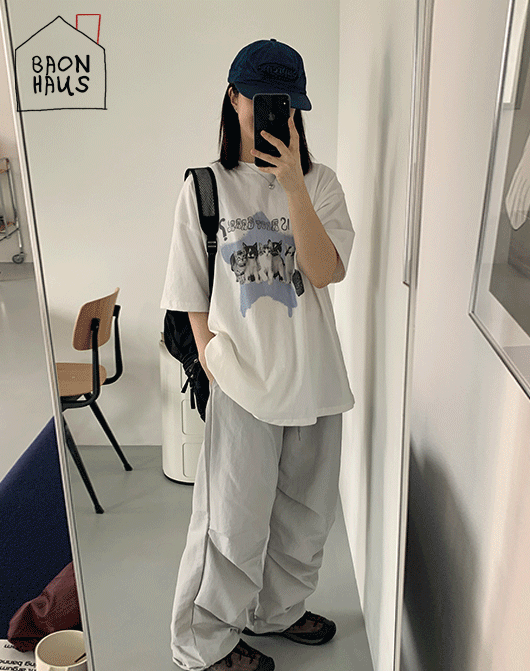[BAONHAUS] 키루 빈티지 고양이 프린팅 반팔 티셔츠 (2color)